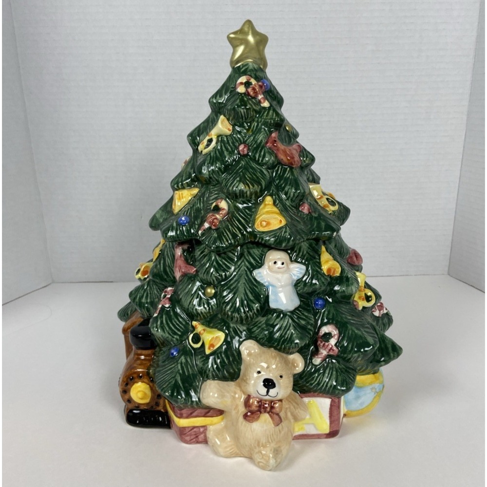Vtg Earthenware Christmas Tree Cookie Jar w/Lid Home Trends Ceramic Kitchen